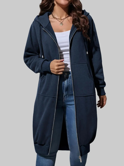 Women's Casual Long Hooded Zip Up Jacket