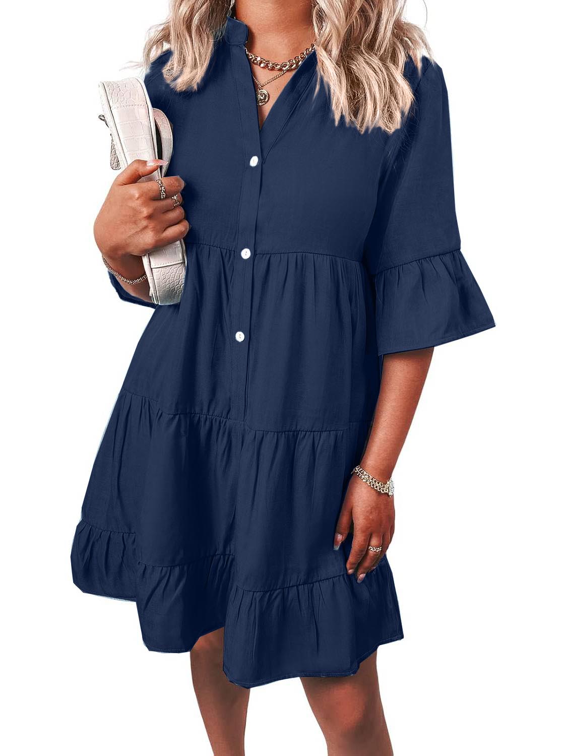 Women's Casual V Neck Ruffle Short Sleeve Summer Dress
