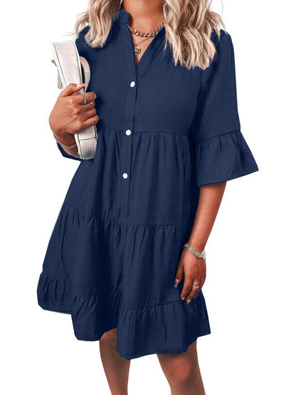 Women's Casual V Neck Ruffle Short Sleeve Summer Dress