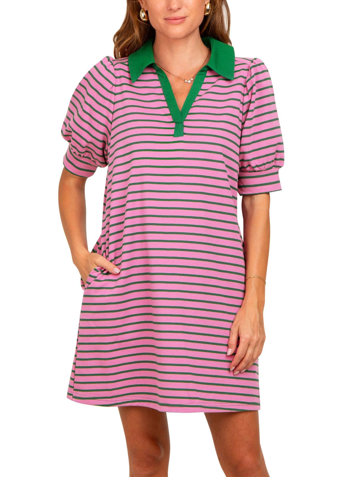 Women's Striped Puff Polo T-shirt Dresses with Pockets