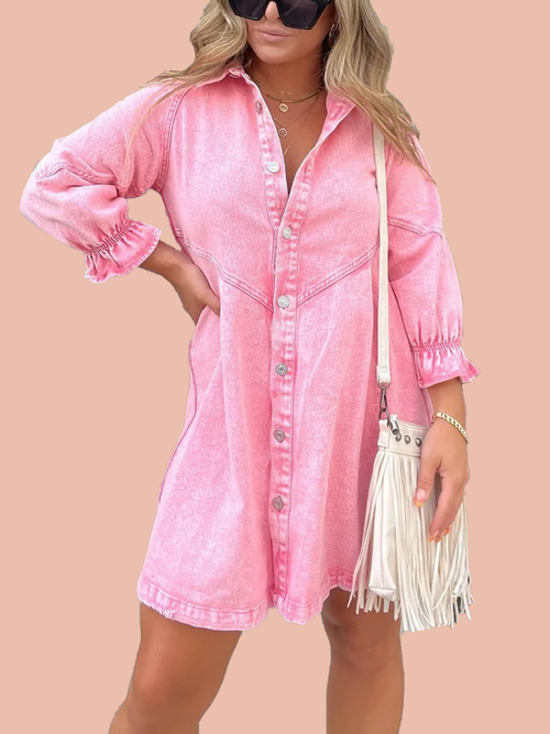 Button Denim Bubble Sleeve Dress