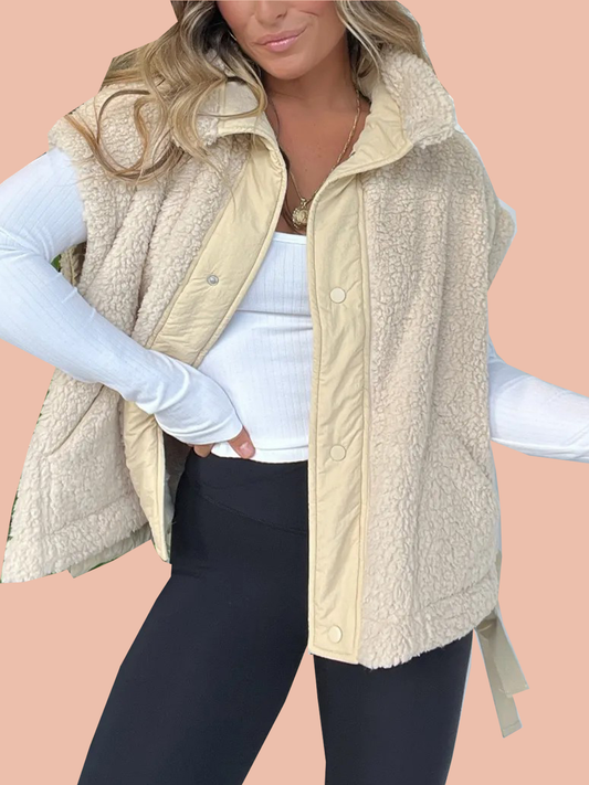 Women's Button Paneled Teddy Fleece Vest Jacket