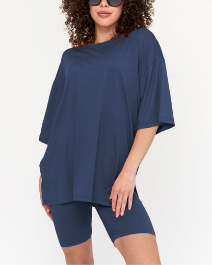 Women's Oversized Solid Biker Short Set