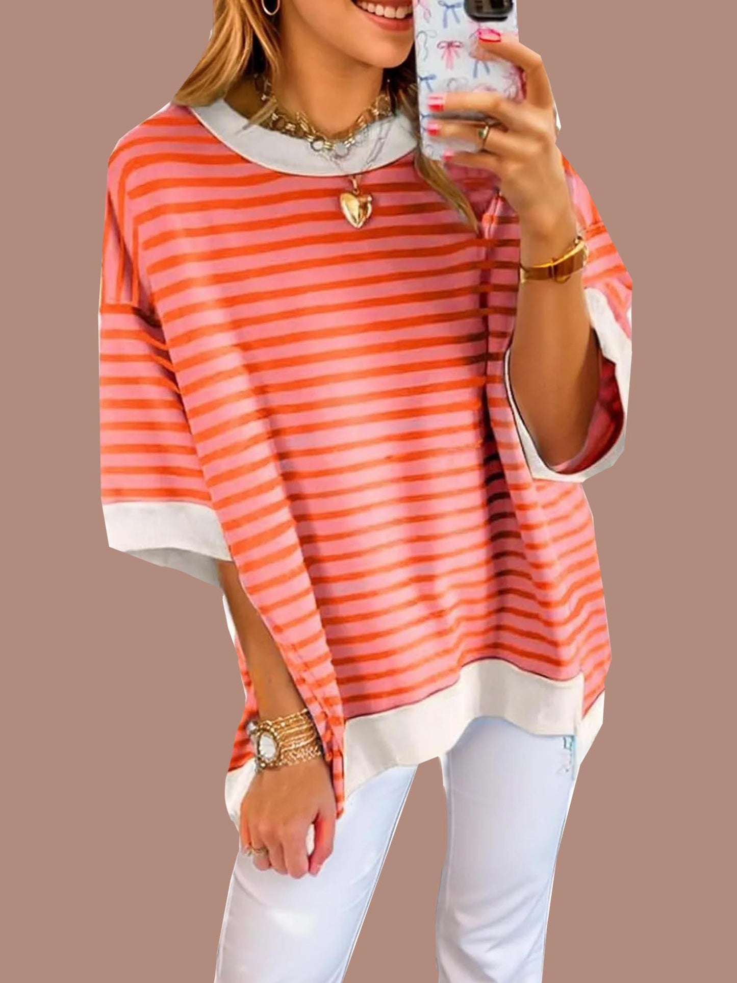 Women's Oversized Striped Color Block Half Sleeve Tops