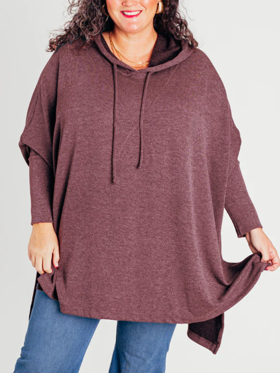 Women's Oversized Bat Sleeve Ribbed Hooded Pullover