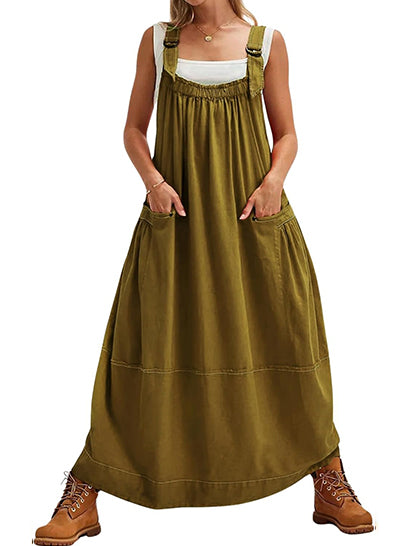 Adjustable Strap Barrel Overall Dress with Pockets