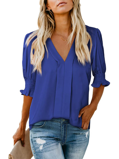 Women's Solid Casual V Neck Puff Sleeve Shirts