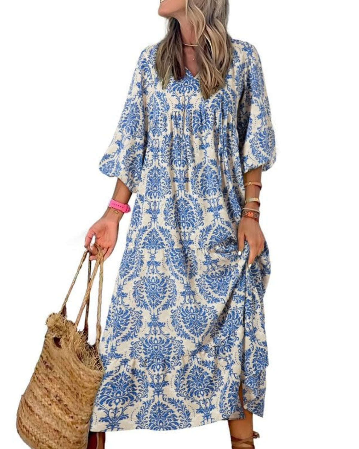 Women's Puff Sleeve Smocked Ruffle Boho Maxi Dress