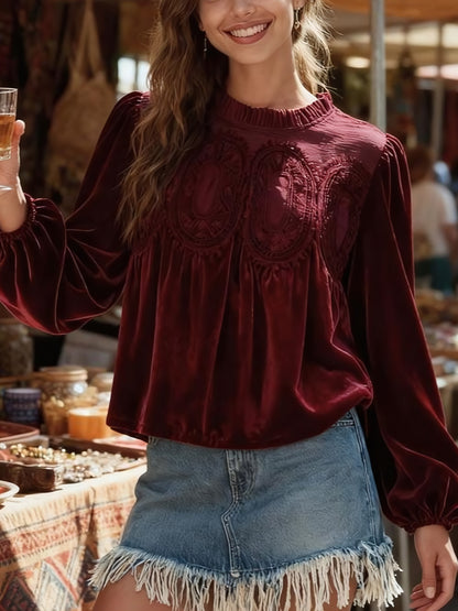 Women's Long Sleeve Velvet Lace Blouse