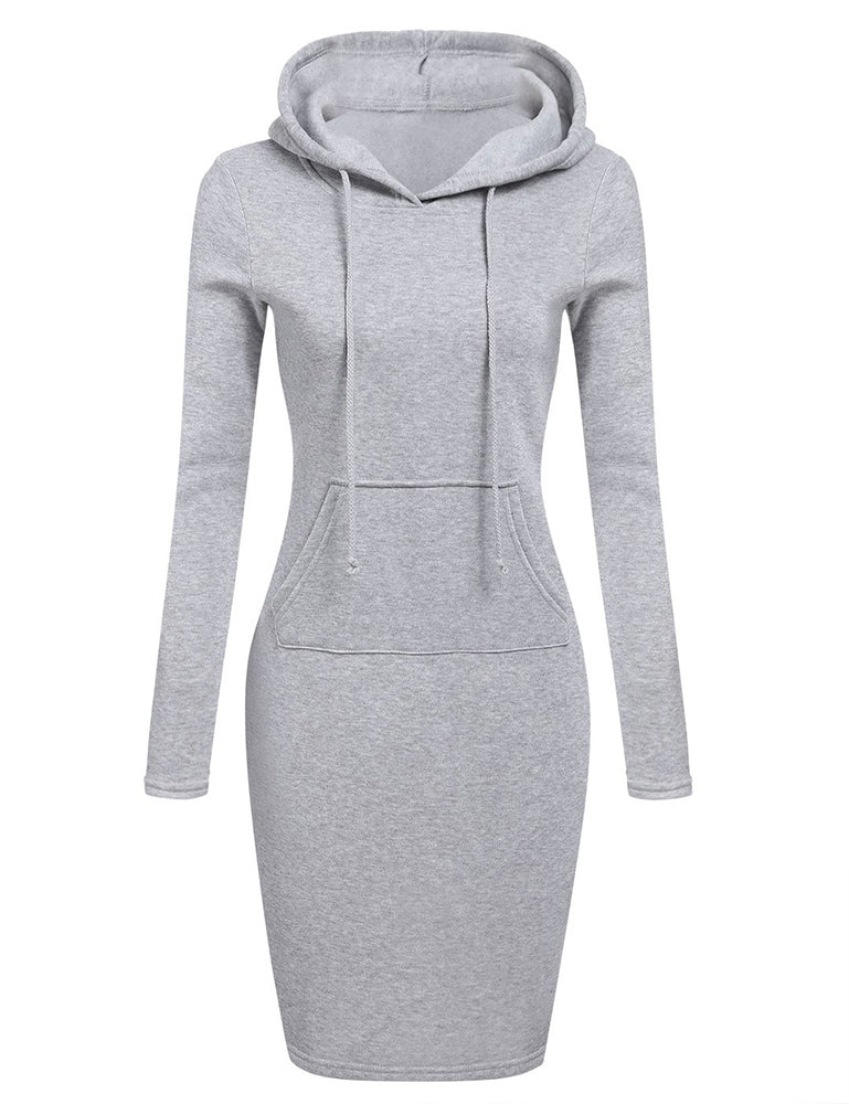Women Pocket Knee Length Slim Casual Pullover Hoodie Dress
