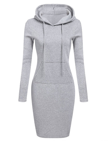 Women Pocket Knee Length Slim Casual Pullover Hoodie Dress