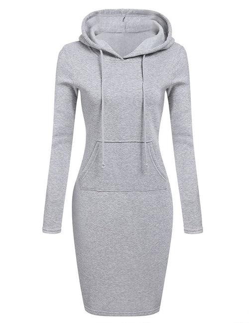 Women Pocket Knee Length Slim Casual Pullover Hoodie Dress
