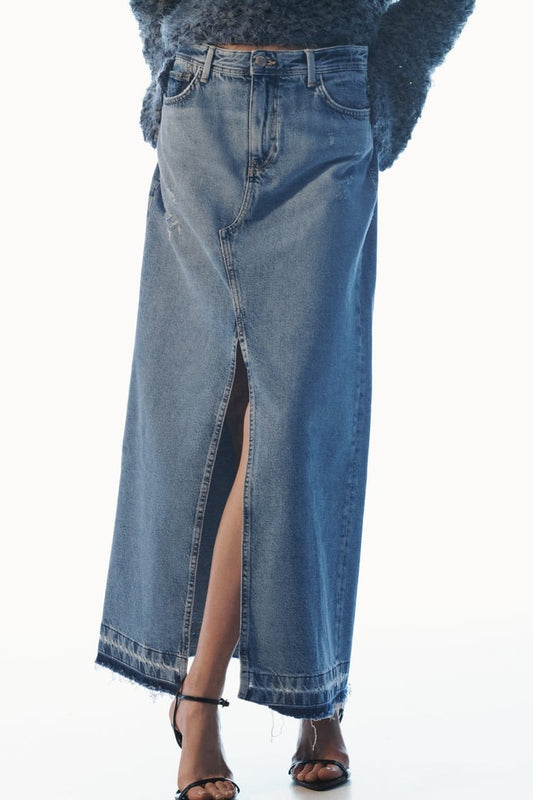Front Slit Fringe Denim Skirt