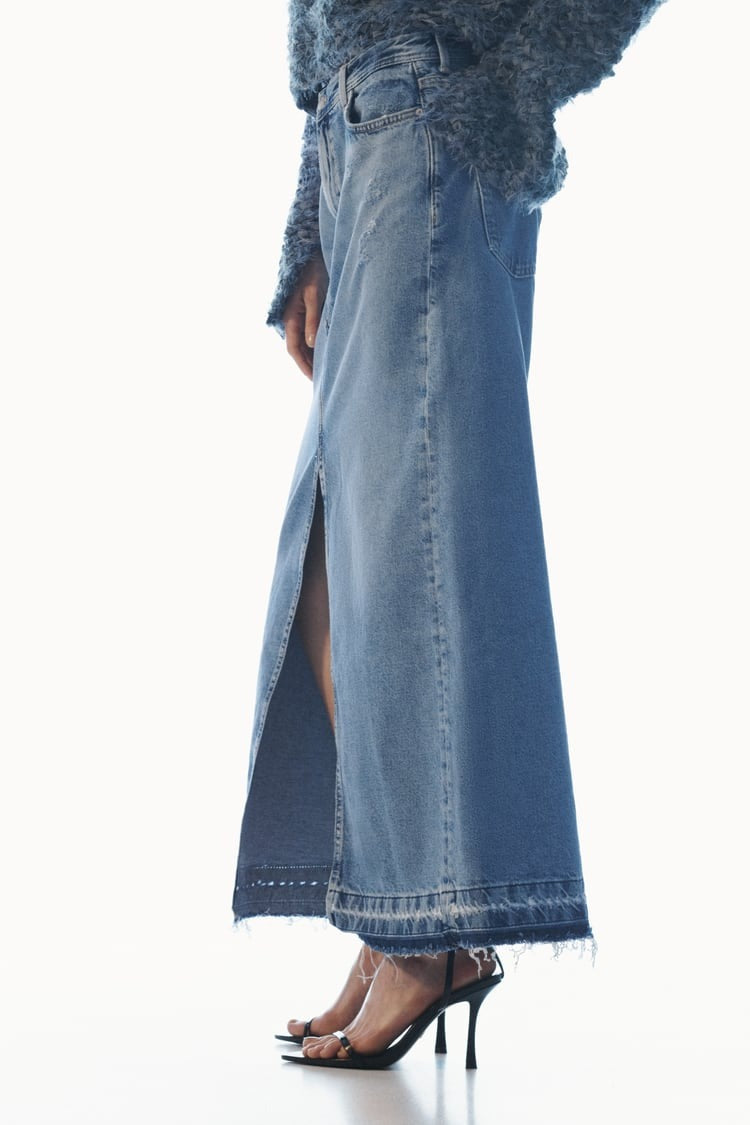 Front Slit Fringe Denim Skirt
