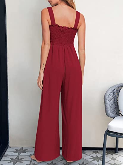 Smocked Wide Leg Jumpsuit Rompers with Pockets