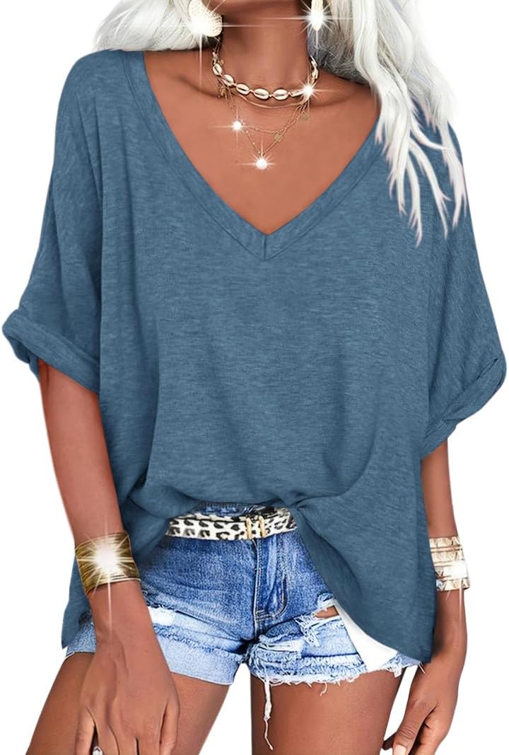Women's Casual Oversized V-Neck Shoer Sleeve T-Shirt