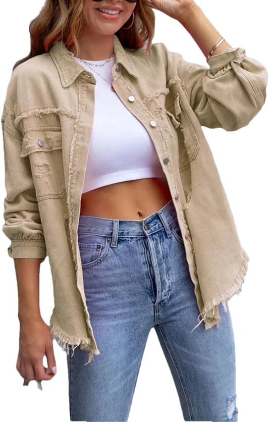 Women's Distressed Denim Lapel Jacket