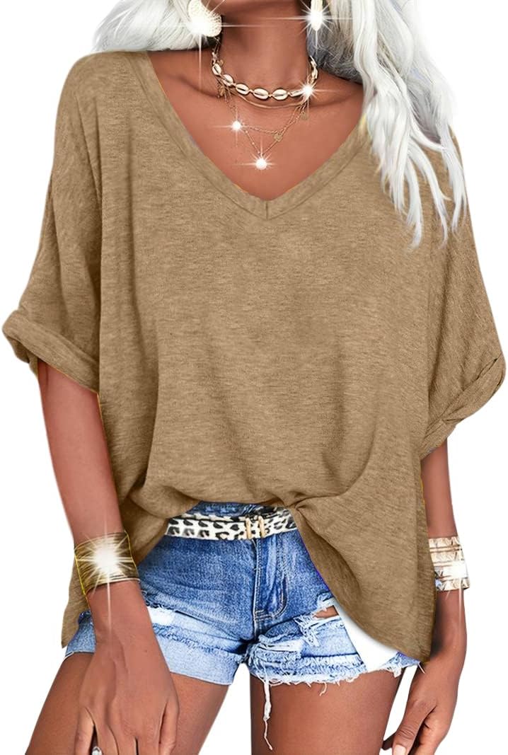 Women's Casual Oversized V-Neck Shoer Sleeve T-Shirt
