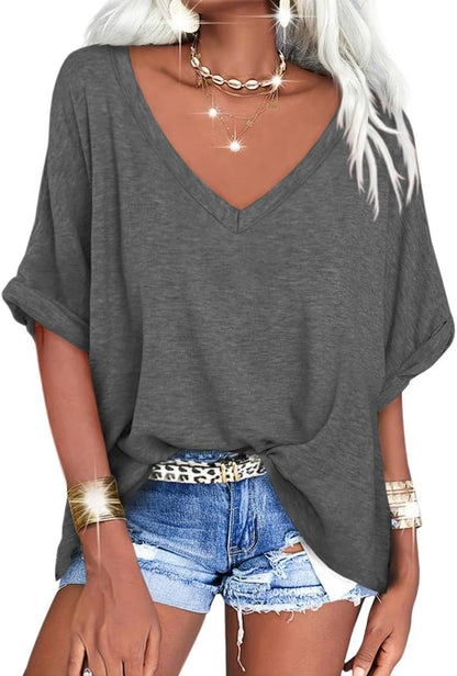 Women's Casual Oversized V-Neck Shoer Sleeve T-Shirt