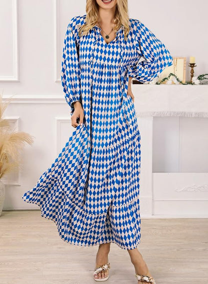Women's Puff Sleeve Smocked Ruffle Boho Maxi Dress