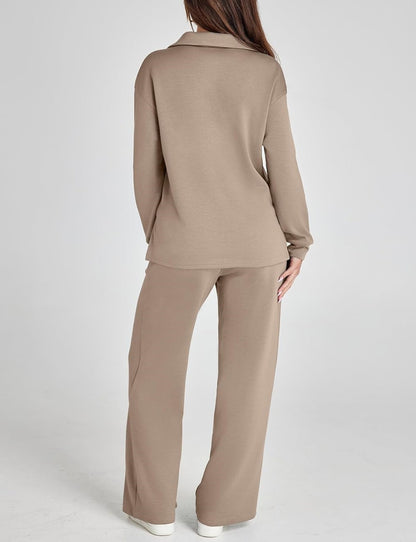 Women's Casual Polo Top and Wide Leg Pants Matching Sets