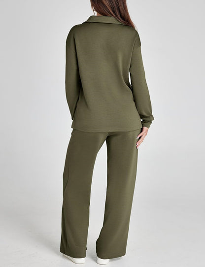 Women's Casual Polo Top and Wide Leg Pants Matching Sets