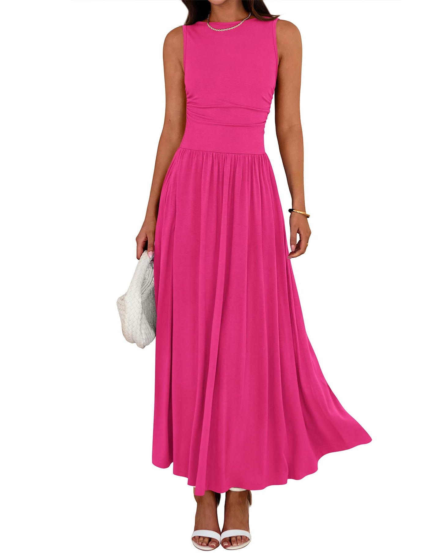 Women's Solid Sleeveless Ruched High Waisted Tank Dress with Pockets