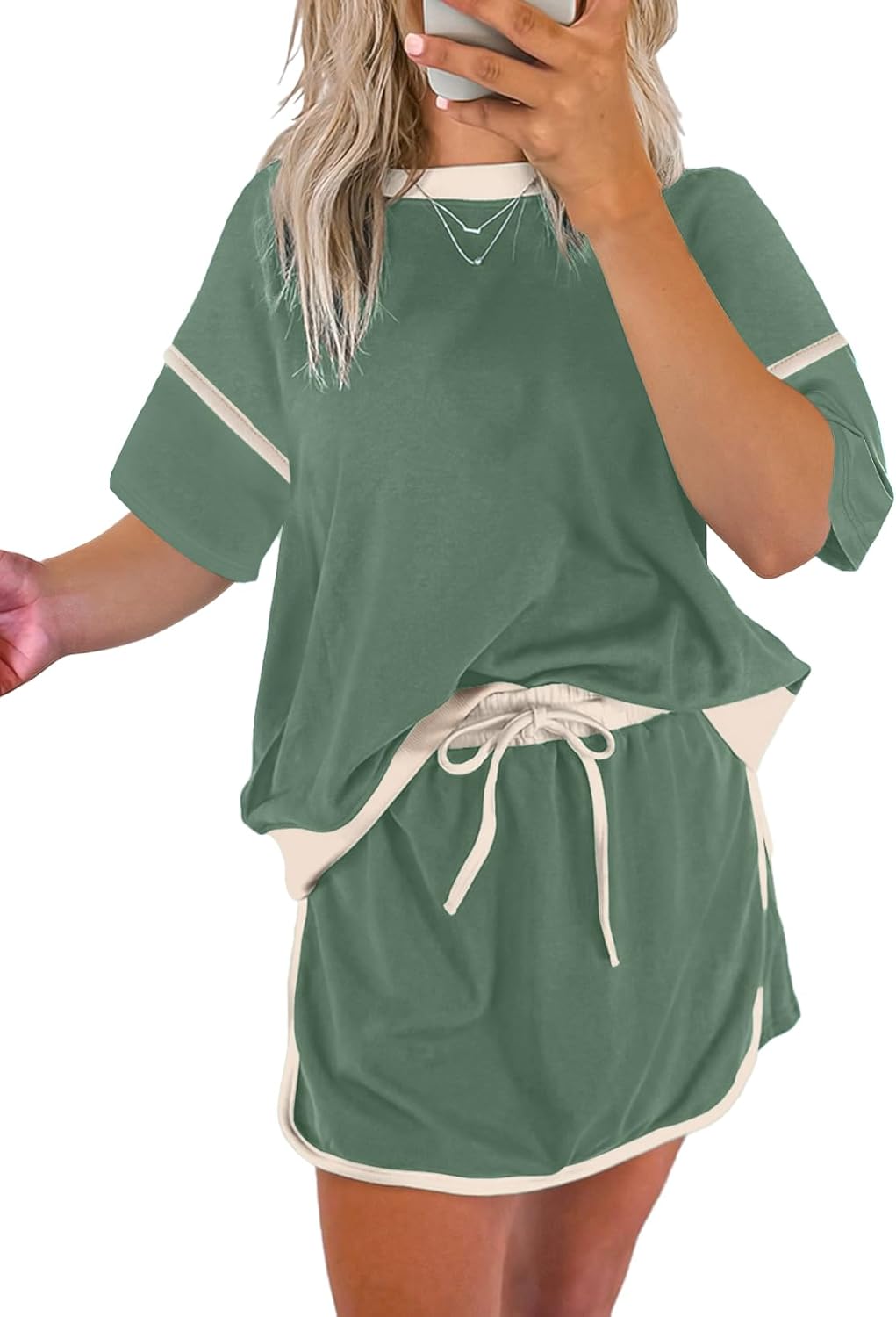 Women's Short Sleeve Tops and Drawstring Skort Matching Sets