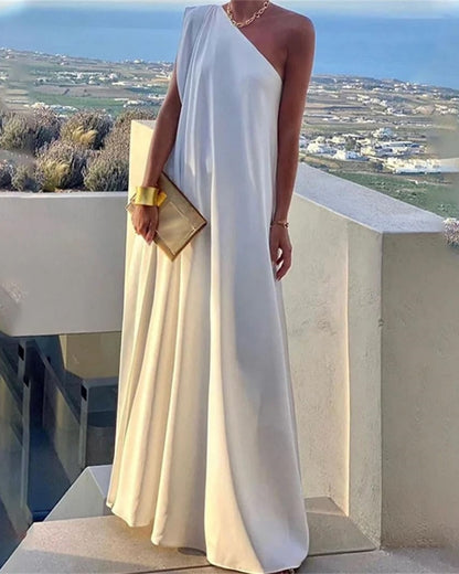 Women's Loose Asym Solid Split One-Shoulder Maxi Dress
