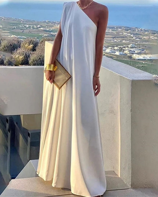 Women's Loose Asym Solid Split One-Shoulder Maxi Dress