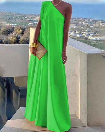 Women's Loose Asym Solid Split One-Shoulder Maxi Dress