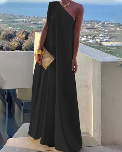 Women's Loose Asym Solid Split One-Shoulder Maxi Dress