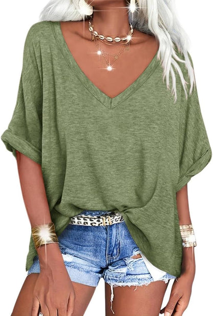 Women's Casual Oversized V-Neck Shoer Sleeve T-Shirt