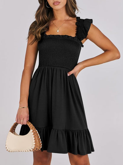 Women's Square Neck Smocked Ruffle Dress