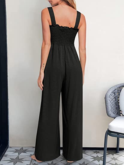Smocked Wide Leg Jumpsuit Rompers with Pockets