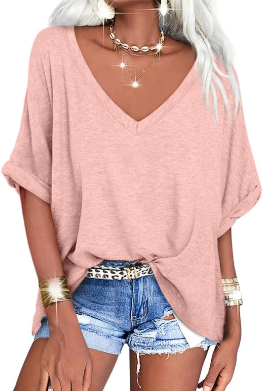 Casual Loose Fit V-Neck Dolman Sleeve Basic Tee
