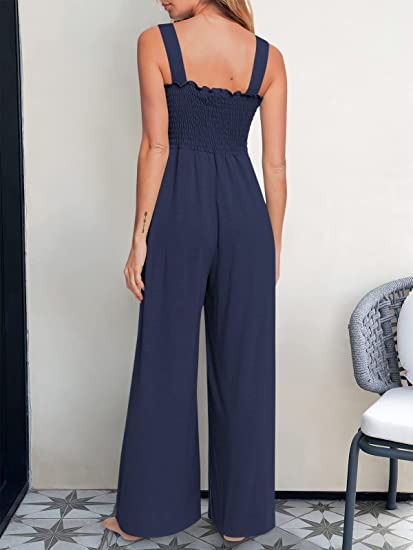 Smocked Wide Leg Jumpsuit Rompers with Pockets