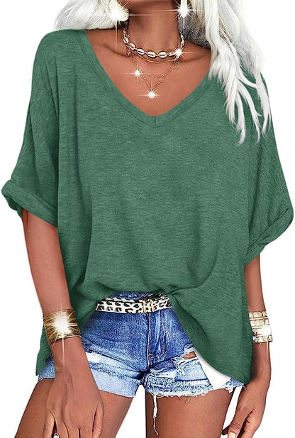 Women's Casual Oversized V-Neck Shoer Sleeve T-Shirt