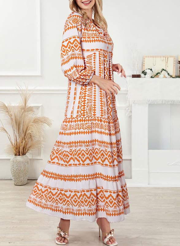 Women's Puff Sleeve Smocked Ruffle Boho Maxi Dress