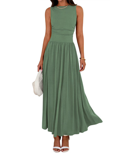 Women's Solid Sleeveless Ruched High Waisted Tank Dress with Pockets
