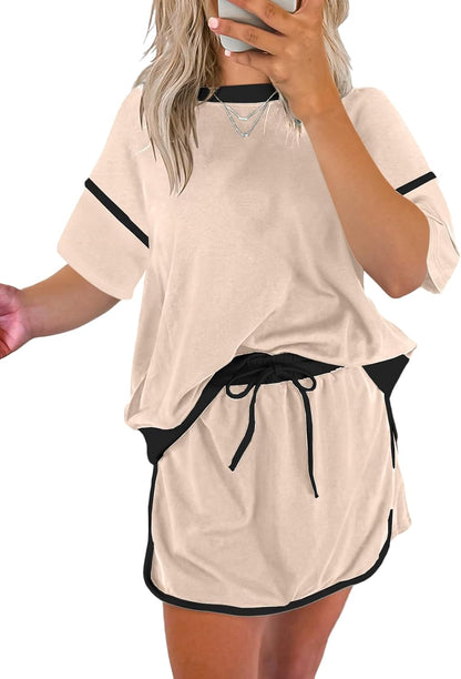 Women's Short Sleeve Tops and Drawstring Skort Matching Sets