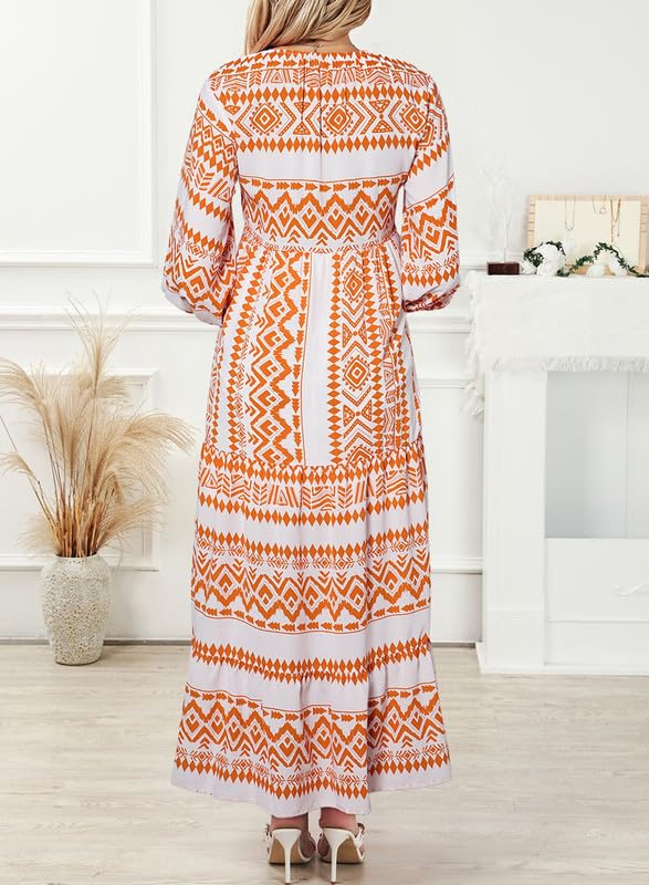 Women's Puff Sleeve Smocked Ruffle Boho Maxi Dress