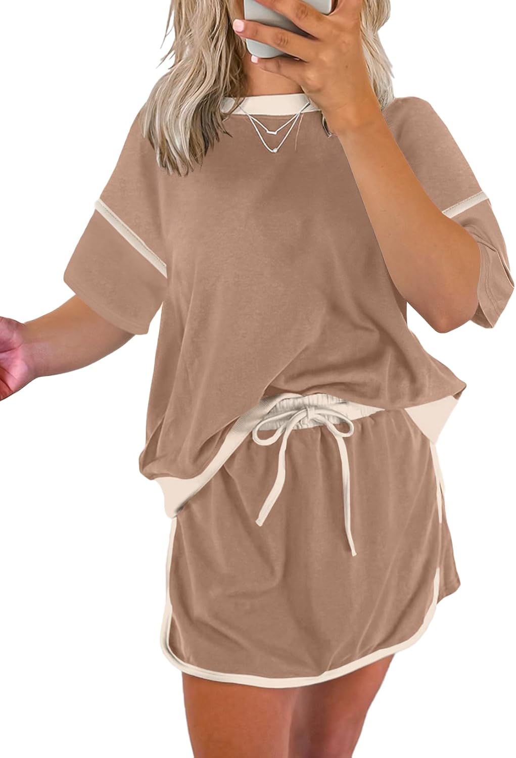 Women's Short Sleeve Tops and Drawstring Skort Matching Sets