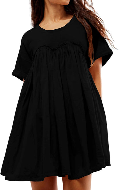 Women's Summer Pleated Babydoll Dress with Pockets