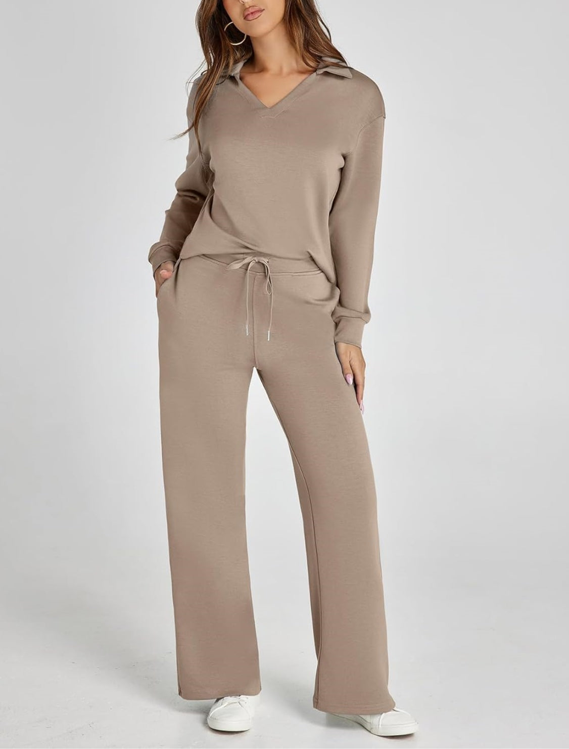Women's Casual Polo Top and Wide Leg Pants Matching Sets