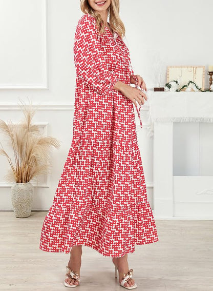Women's Puff Sleeve Smocked Ruffle Boho Maxi Dress