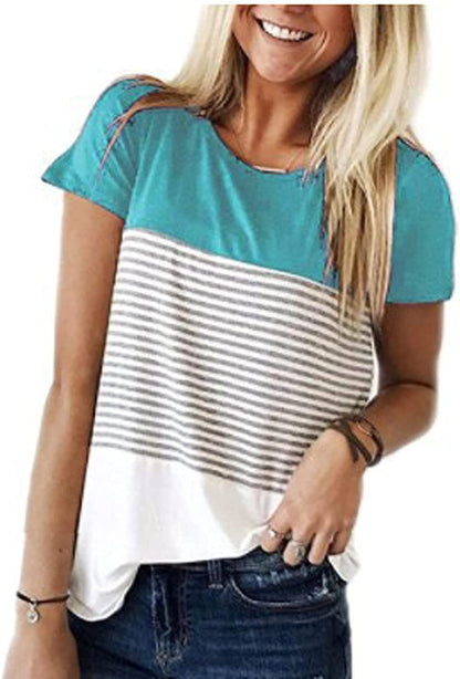 Striped Panel Crew Neck Short Sleeve Casual T-Shirt