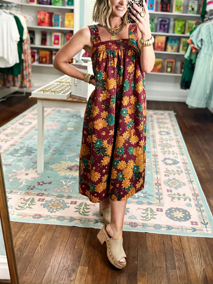 Women's Square Neck Floral Midi Dress