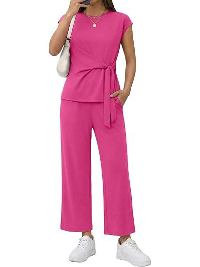 Women's Casual Cap Sleeve Wrap Waist Matching Set