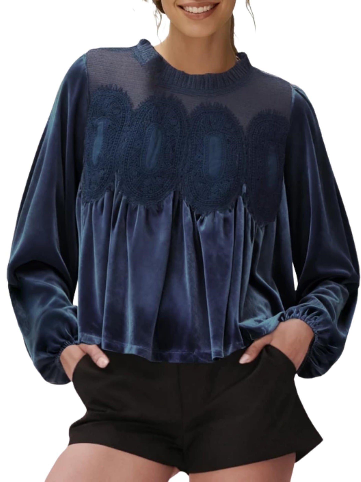 Women's Long Sleeve Velvet Lace Blouse